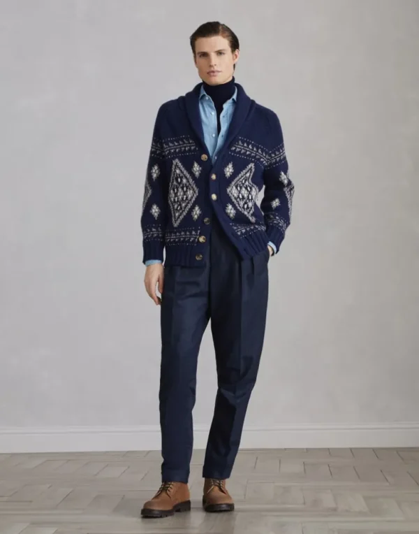 Geometric jacquard cardigan in cashmere feather yarn with shawl collar