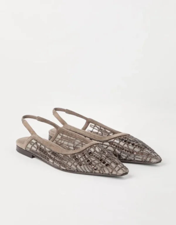 Glistening abstract embroidery slingback flats in suede