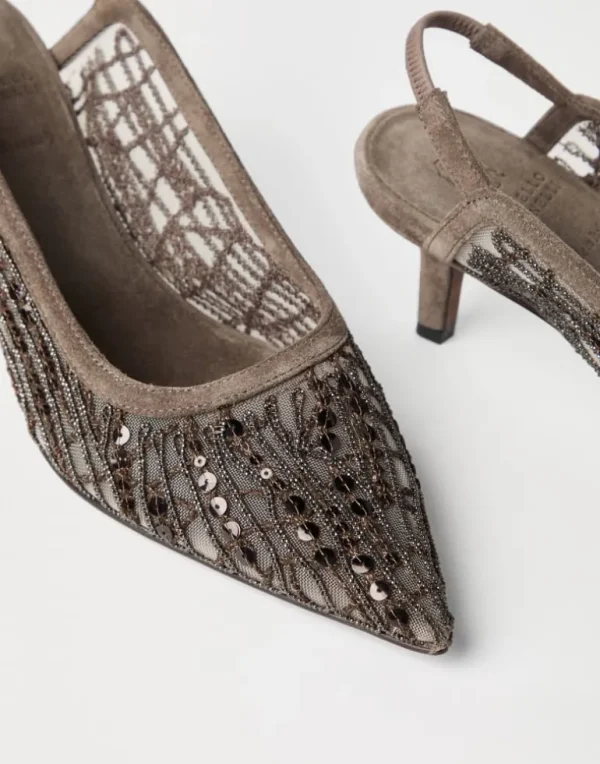 Glistening abstract embroidery city heels in suede