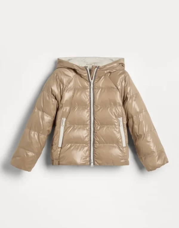 Glossy nylon hooded down jacket with monili