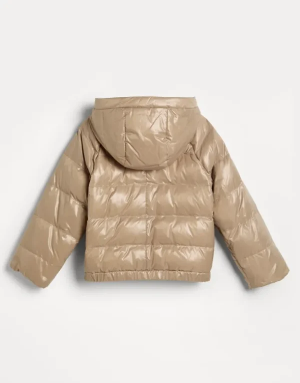 Glossy nylon hooded down jacket with monili