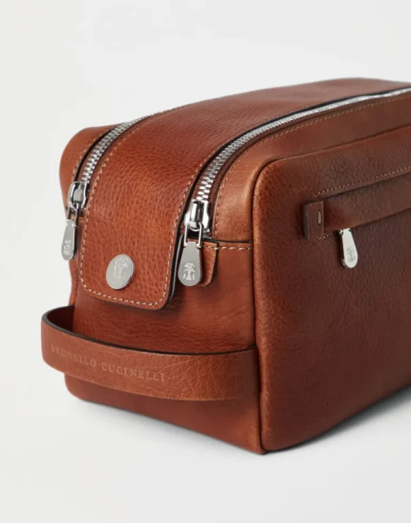 Grained calfskin beauty case with double zipper