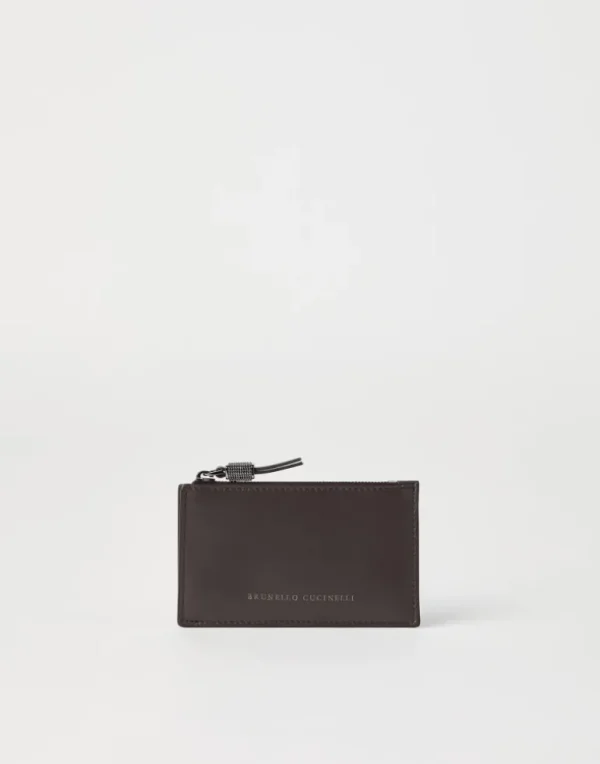 Grained calfskin card case with shiny zipper pull