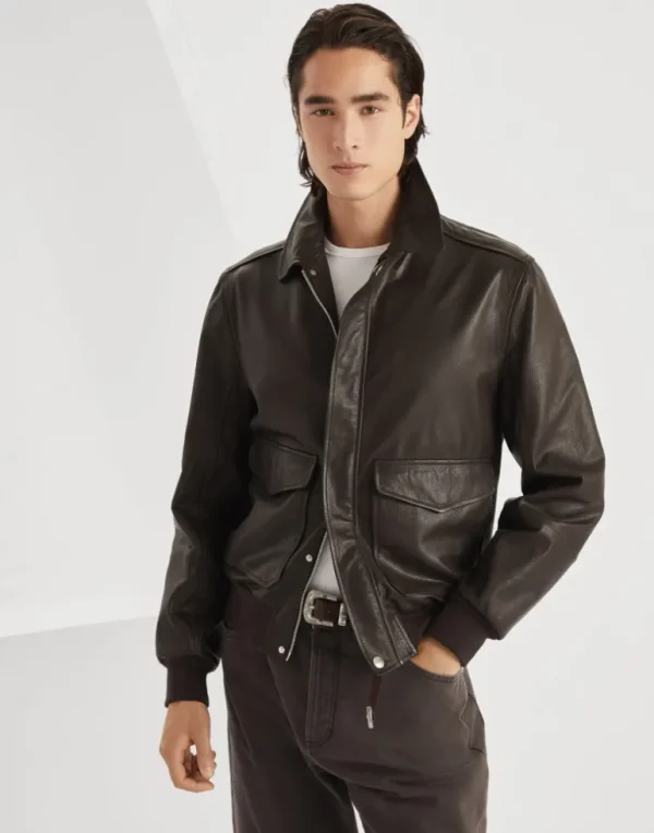 Grained leather aviator jacket