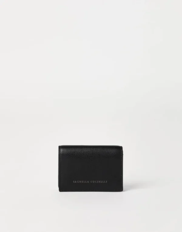 Grained leather card case with flap