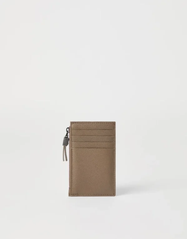 Grained leather card case with shiny zipper pull