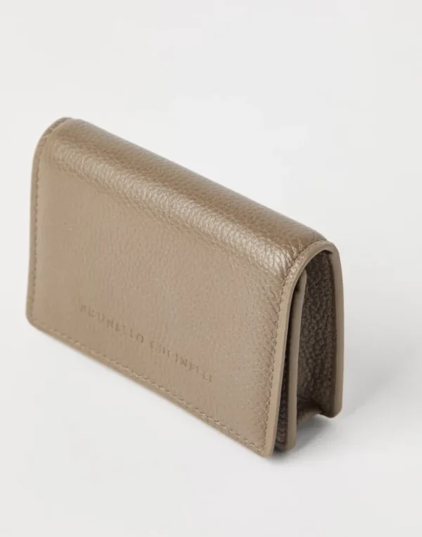 Grained leather card case with flap