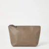 Grained leather pouch with shiny zipper pull