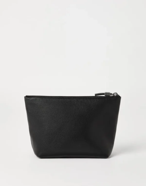 Grained leather pouch with shiny zipper pull