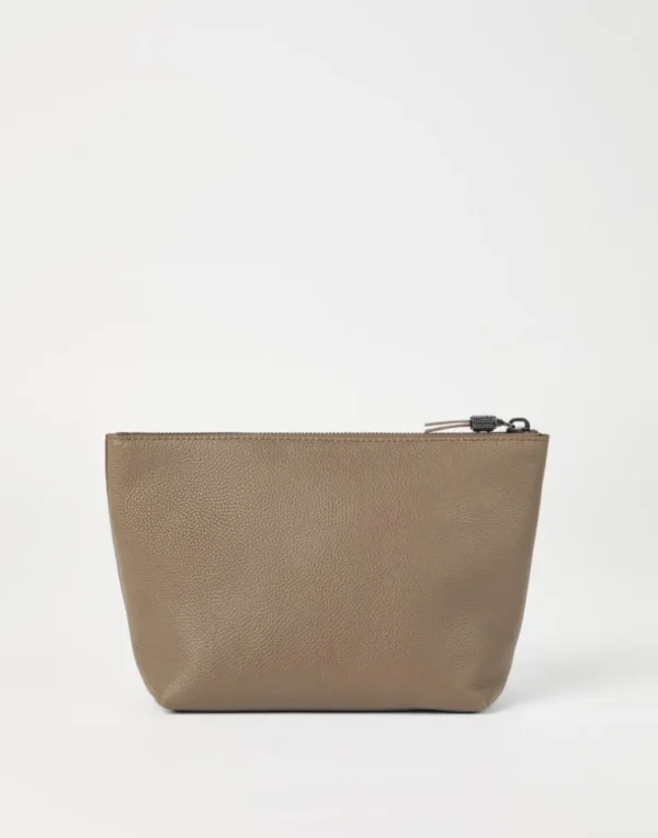 Grained leather pouch with shiny zipper pull