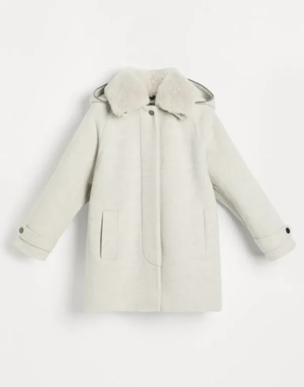 Hand-crafted parka in virgin wool and cashmere double cloth with detachable cashmere shearling-lined hood and monili