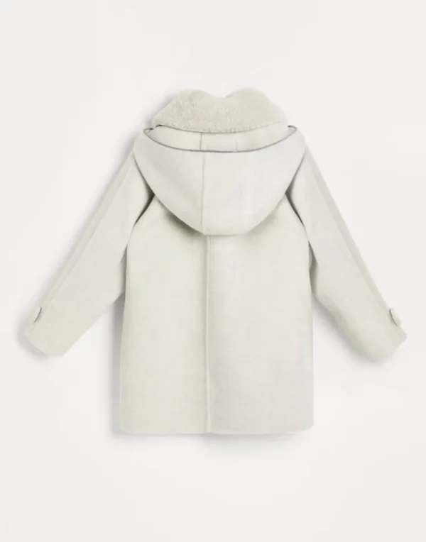 Hand-crafted parka in virgin wool and cashmere double cloth with detachable cashmere shearling-lined hood and monili