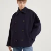 Hand-crafted virgin wool and cashmere double cloth pea coat with monili