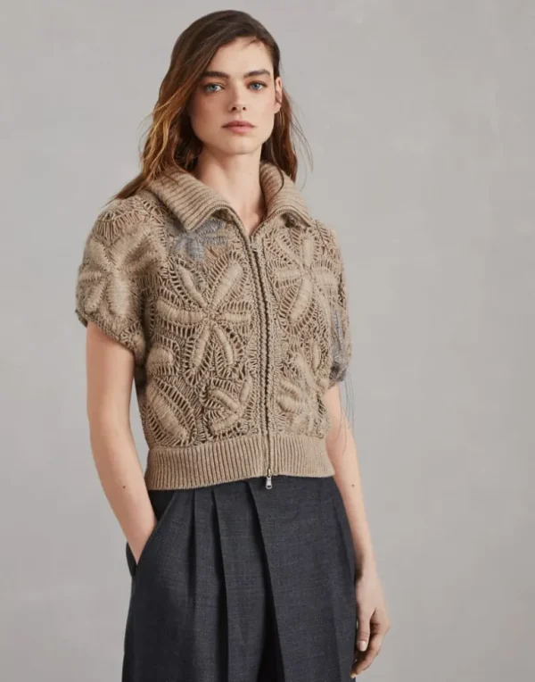 Handmade Flower Crochet OPERA cardigan in cashmere Feather yarn