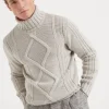 Irish cable turtleneck sweater in cashmere Feather yarn