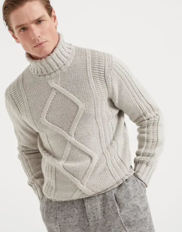 Irish cable turtleneck sweater in cashmere Feather yarn