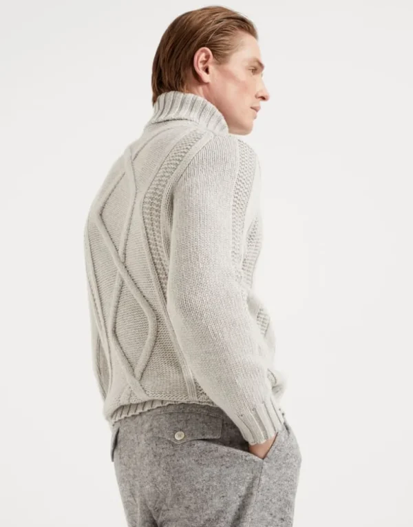 Irish cable turtleneck sweater in cashmere Feather yarn