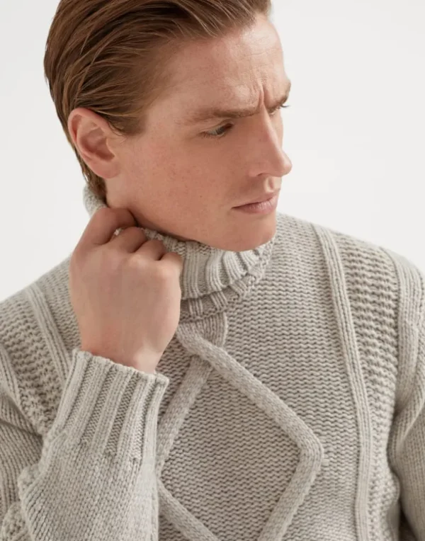 Irish cable turtleneck sweater in cashmere Feather yarn