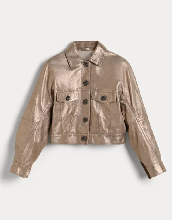 Lamé leather outerwear jacket with monili