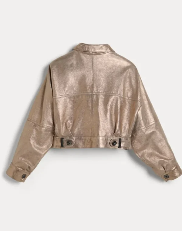 Lamé leather outerwear jacket with monili