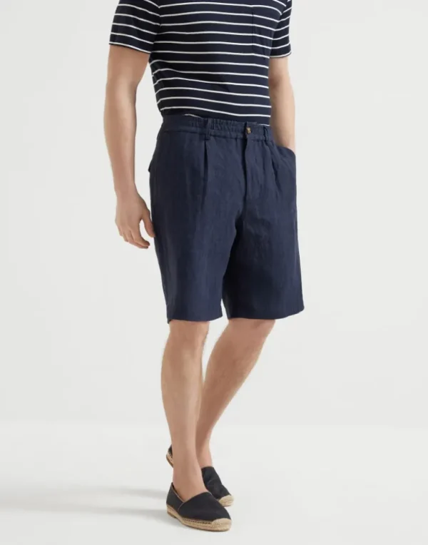 Lightweight délavé linen Bermuda shorts with elasticated waistband