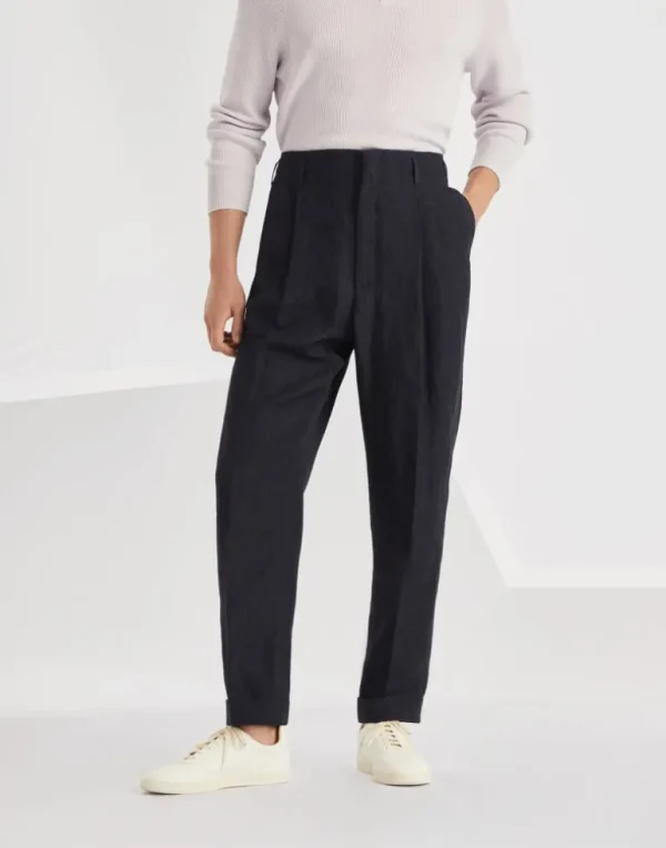 Lightweight délavé linen tailor fit trousers with double pleats