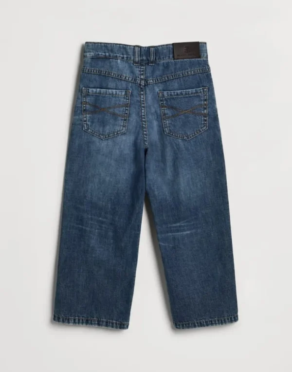 Lightweight denim five-pocket trousers with monili