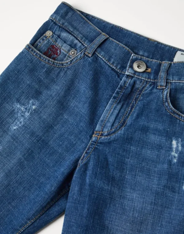 Lightweight denim five-pocket trousers with rip details