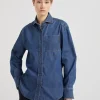 Lightweight denim shirt with shiny tab