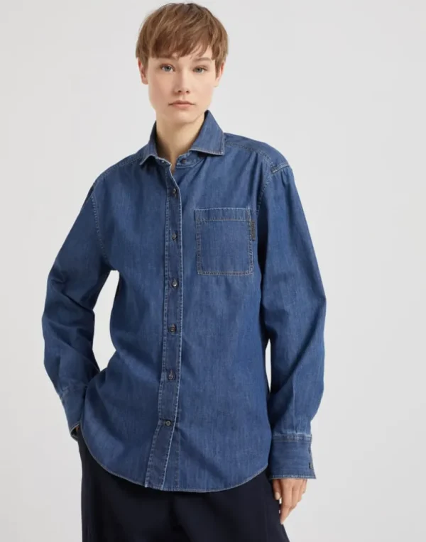 Lightweight denim shirt with shiny tab