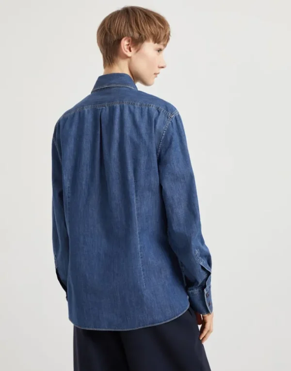 Lightweight denim shirt with shiny tab