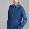 Lightweight denim slim fit tuxedo shirt with spread collar