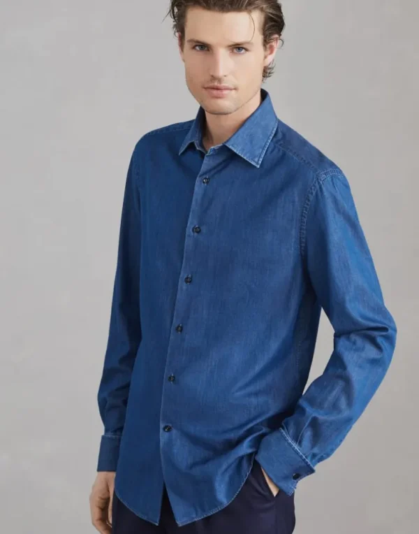 Lightweight denim slim fit tuxedo shirt with spread collar