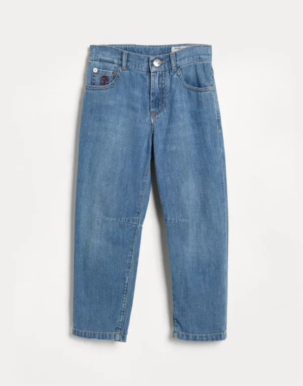 Lightweight old denim five-pocket trousers