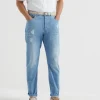 Lightweight old denim leisure fit five-pocket trousers with rips