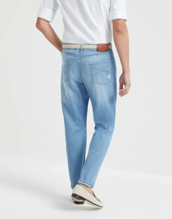 Lightweight old denim leisure fit five-pocket trousers with rips