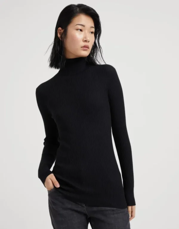 Lightweight turtleneck sweater in sparkling cashmere and silk rib knit