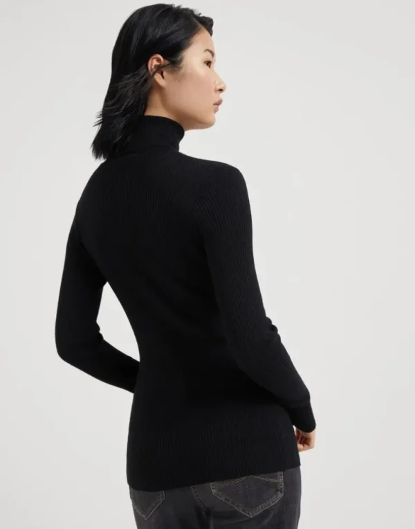 Lightweight turtleneck sweater in sparkling cashmere and silk rib knit