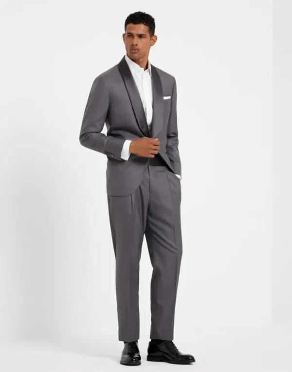 Lightweight virgin wool and silk twill tuxedo with shawl lapel jacket and pleated trousers