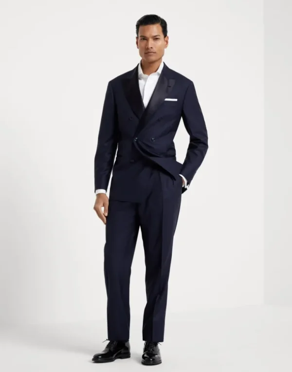 Lightweight virgin wool and silk twill tuxedo with one-and-a-half breasted jacket and double-pleated trousers