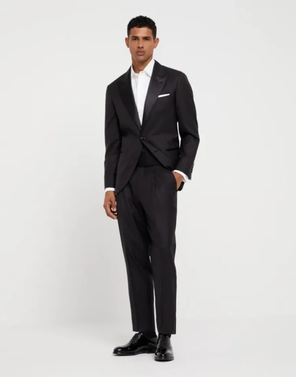 Lightweight virgin wool and silk twill tuxedo with peak lapel jacket and pleated trousers