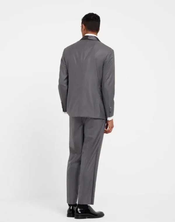 Lightweight virgin wool and silk twill tuxedo with shawl lapel jacket and pleated trousers