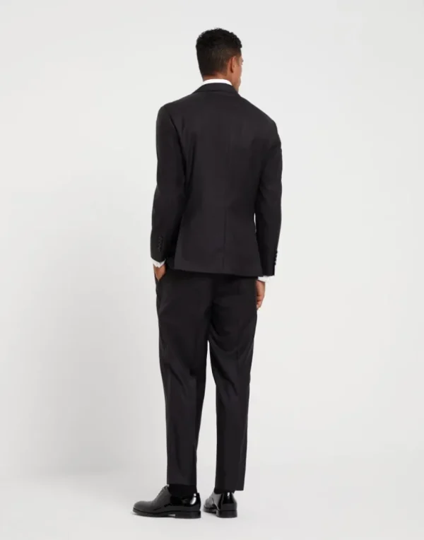 Lightweight virgin wool and silk twill tuxedo with peak lapel jacket and pleated trousers