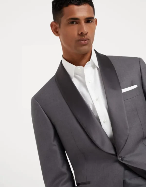 Lightweight virgin wool and silk twill tuxedo with shawl lapel jacket and pleated trousers