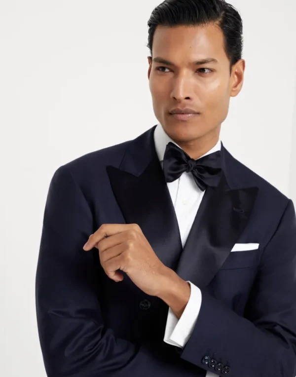 Lightweight virgin wool and silk twill tuxedo with one-and-a-half breasted jacket and double-pleated trousers