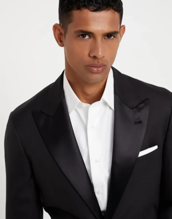 Lightweight virgin wool and silk twill tuxedo with peak lapel jacket and pleated trousers