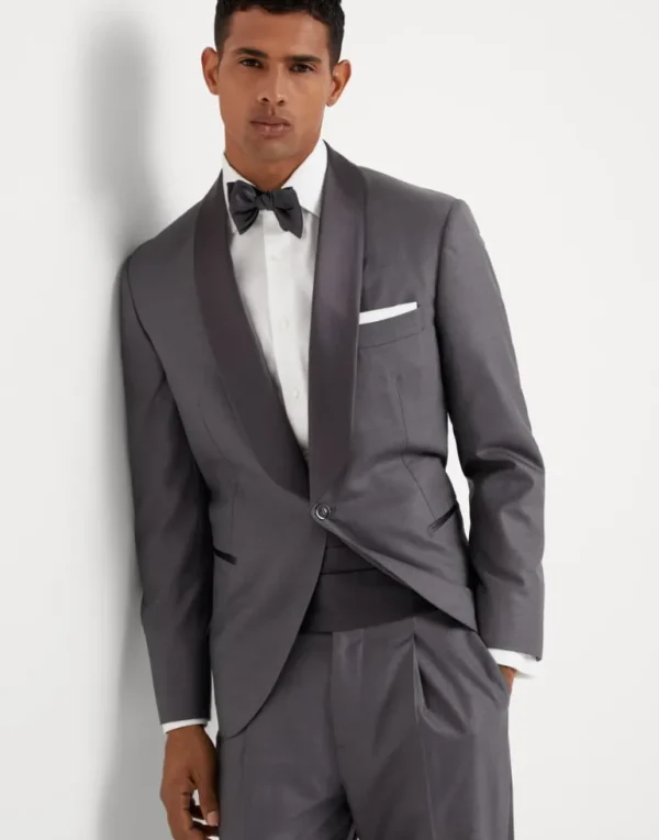 Lightweight virgin wool and silk twill tuxedo with shawl lapel jacket and pleated trousers