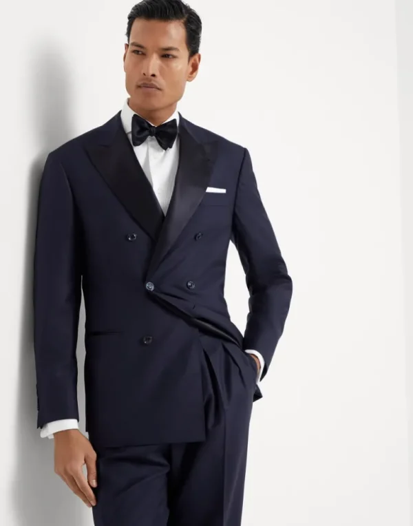 Lightweight virgin wool and silk twill tuxedo with one-and-a-half breasted jacket and double-pleated trousers