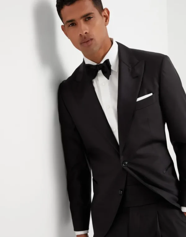 Lightweight virgin wool and silk twill tuxedo with peak lapel jacket and pleated trousers