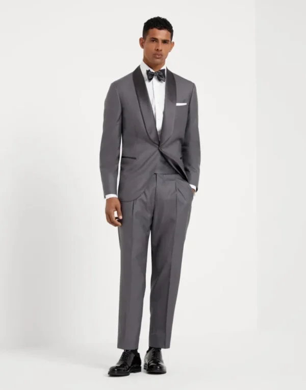 Lightweight virgin wool and silk twill tuxedo with shawl lapel jacket and pleated trousers